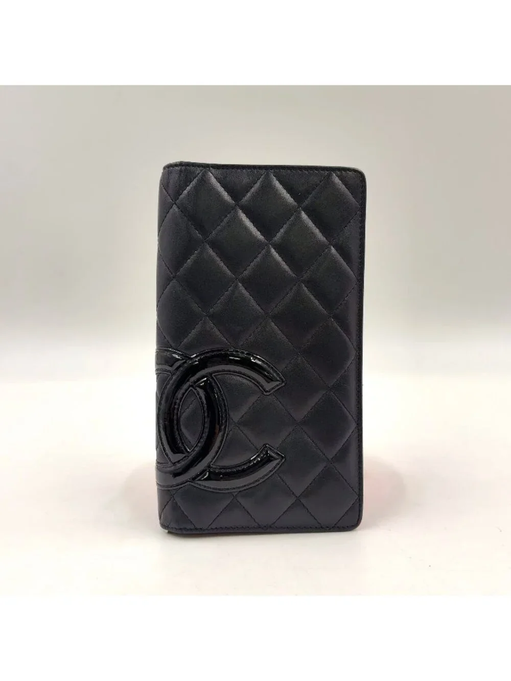 Chanel Cambon Line CC Logo Patent Leather Pink Black Bifold Wallet Silver